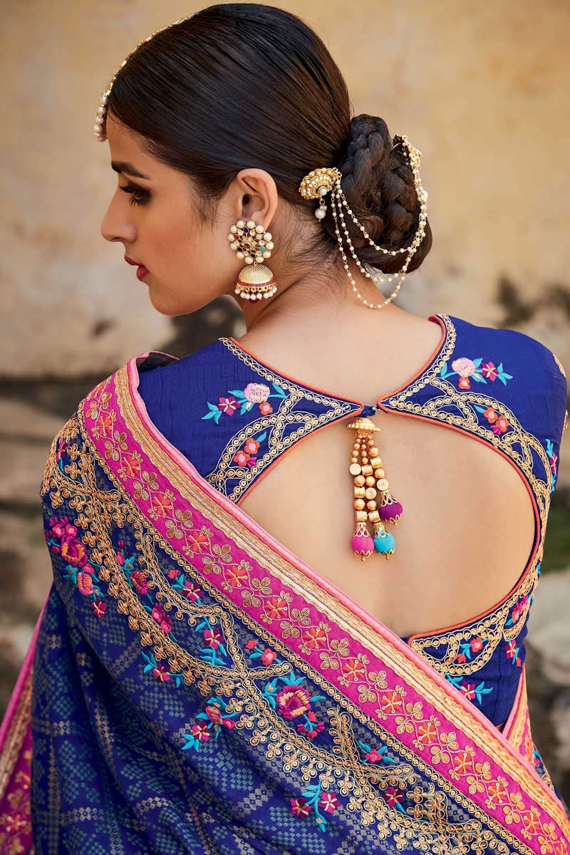 Blue And Light Pink Jacquard And Silk Saree With Tusser Art Silk Blouse ...