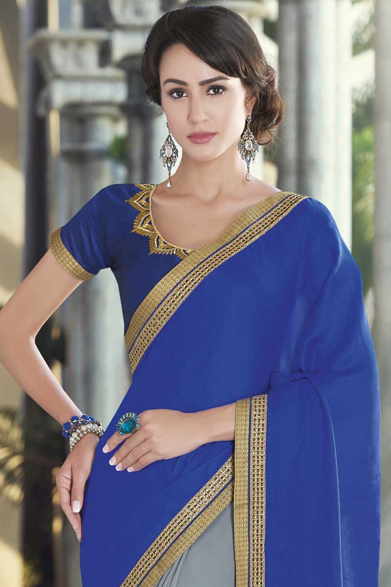 Blue With Grey Georgette And Satin Saree With Dupion Blouse - DMV10313