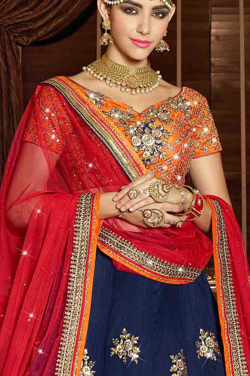 Navy Blue Raw Silk Lehenga With Raw Silk Choli Online - DMV10469