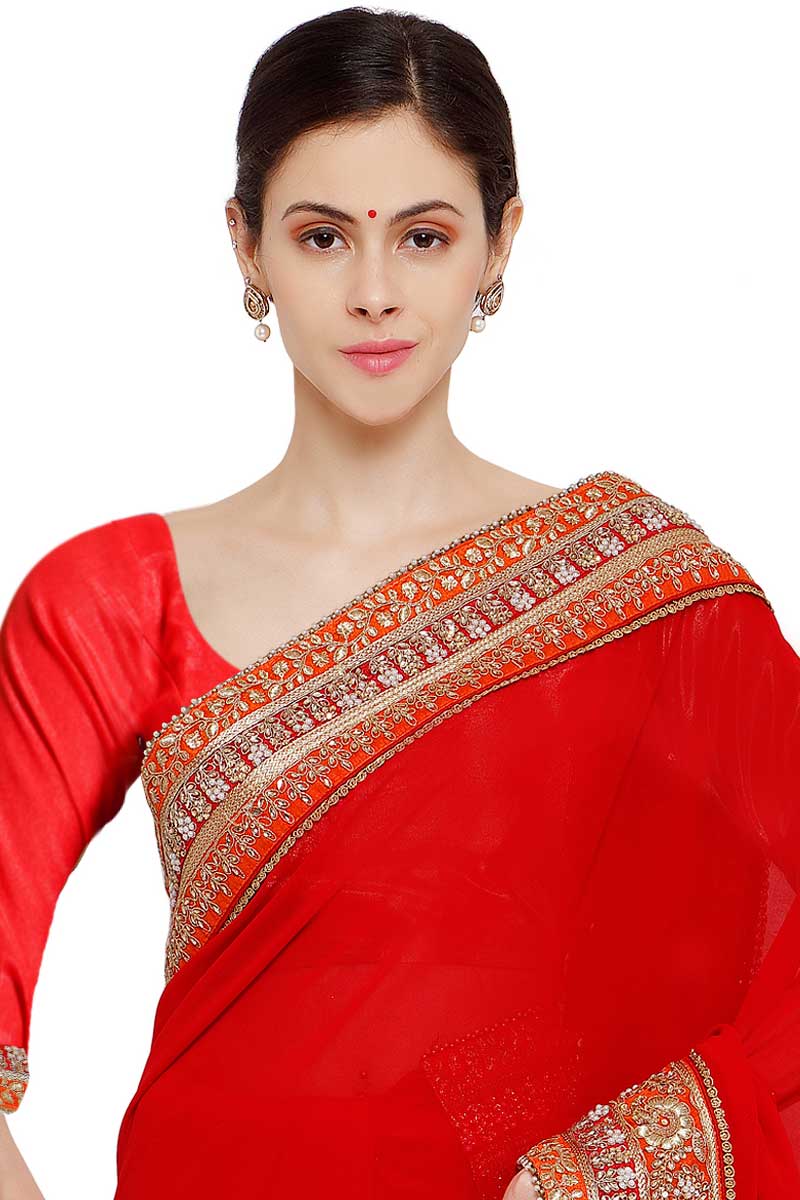 at how polish saree zari home to Blouse Red With Saree Shopping Georgette Online Georgette