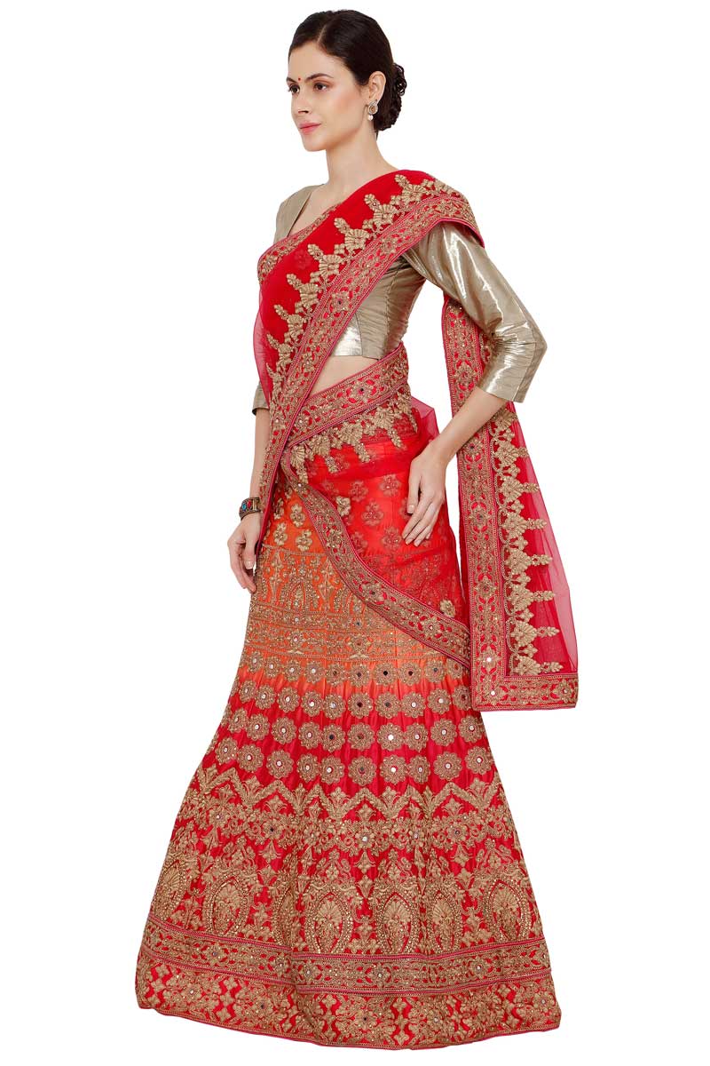 Pakistani Bridal Pink And Peach Satin Lehenga With Satin 