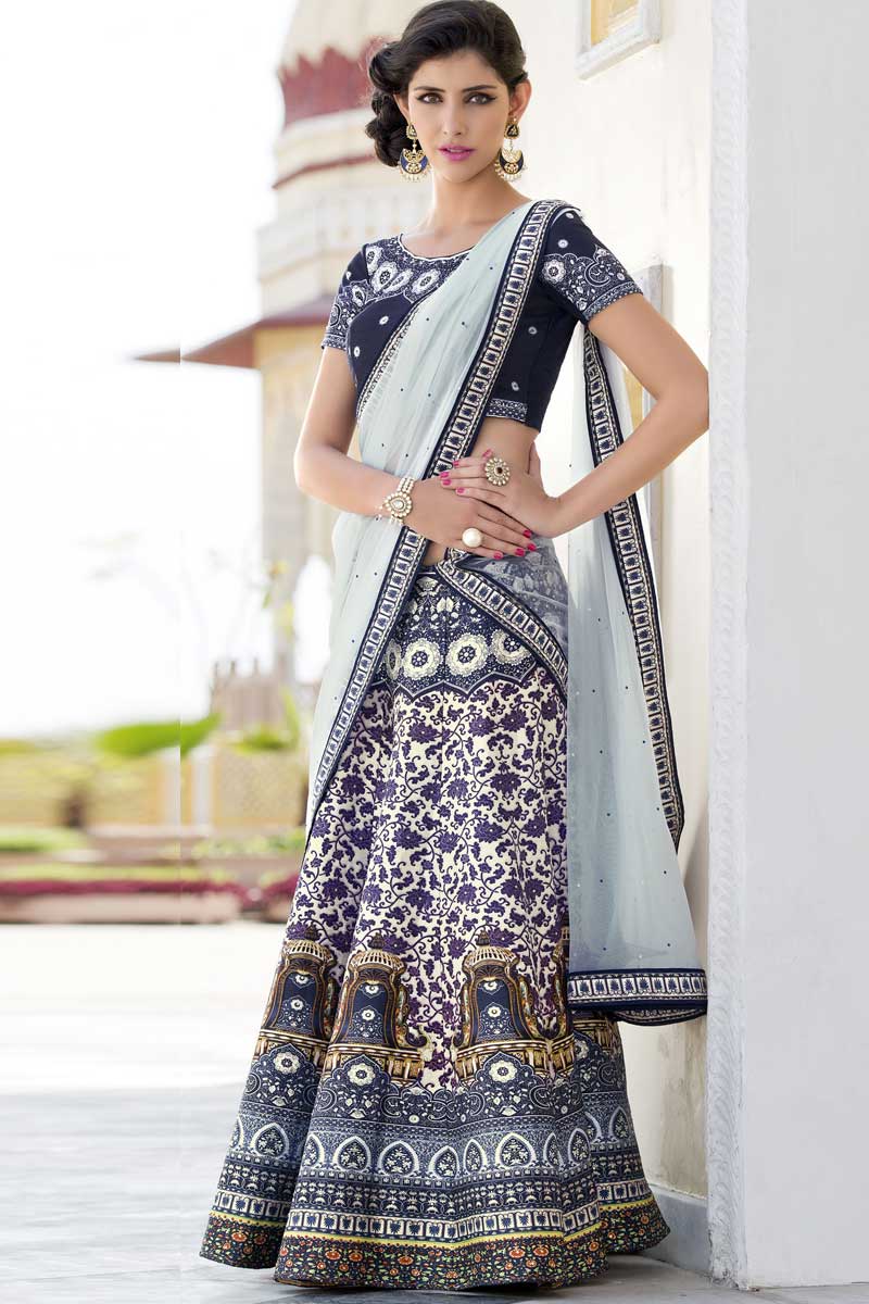Designer Cream And Blue Premium Silk Lehenga With Choli