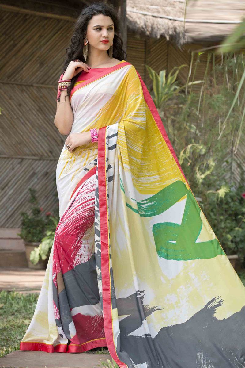 Cream and Pink Silk Saree With Satin Blouse