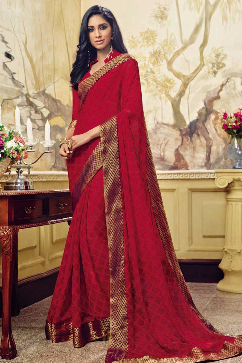 Party Wear Maroon Georgette Saree With Georgette Chinese Collar Blouse ...