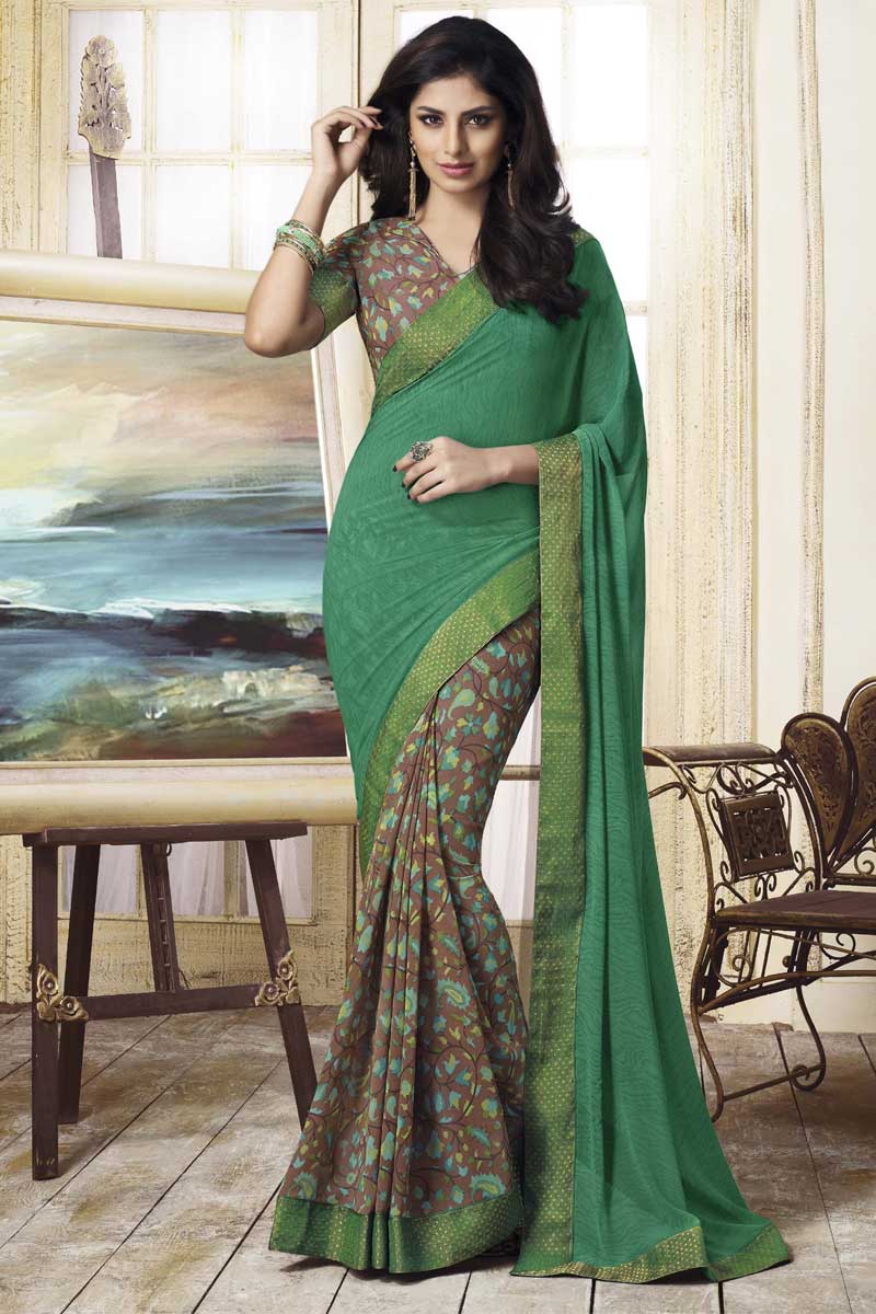 Discount Green And Brown Georgette Saree With Georgette Blouse V Neck ...