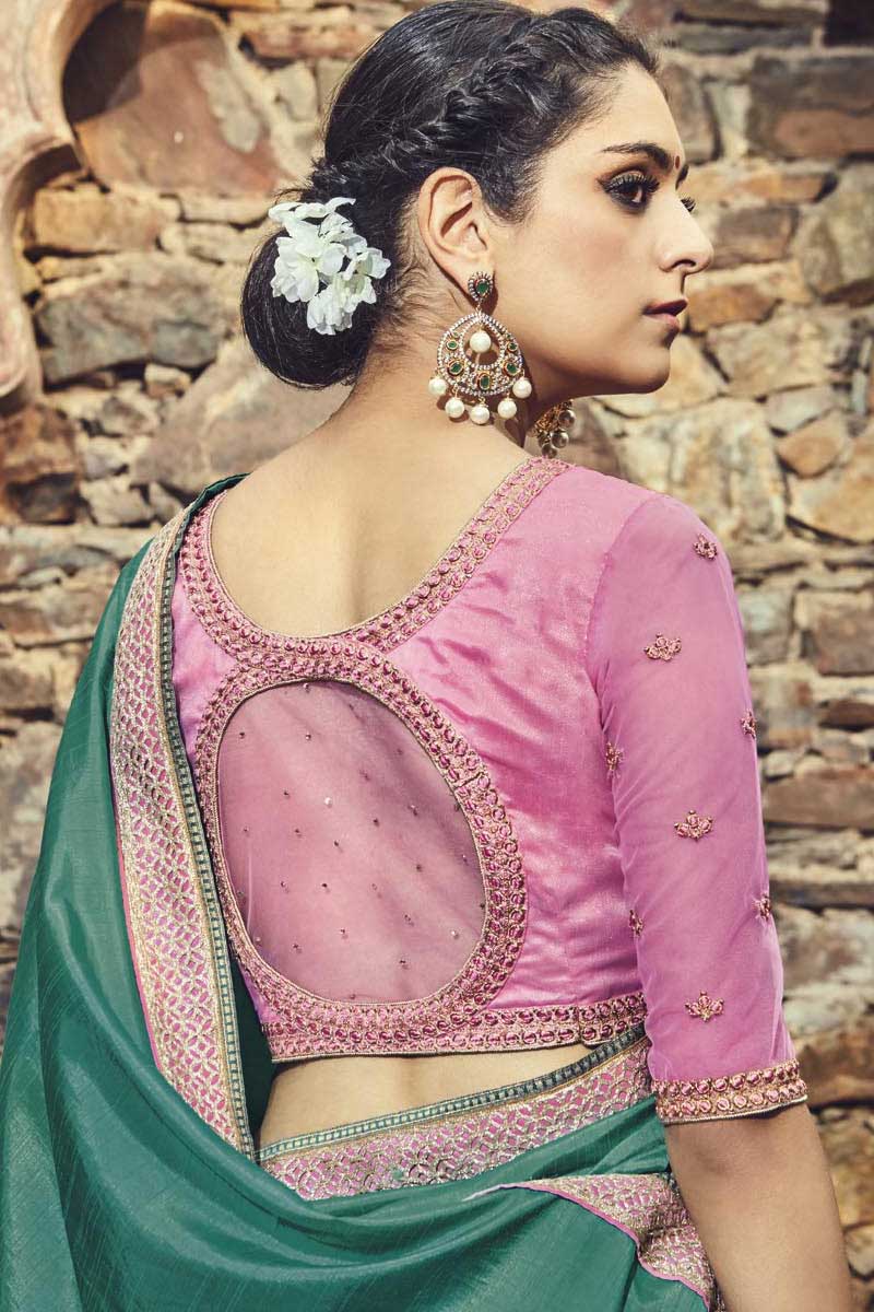 Online Green Art Silk Saree With Boat Neck Blouse - Dmv10965