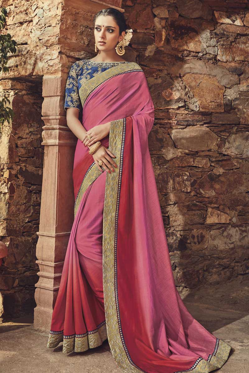 Rupali Pink Art Silk Saree With Art Silk Boat Neck Blouse Dmv10966