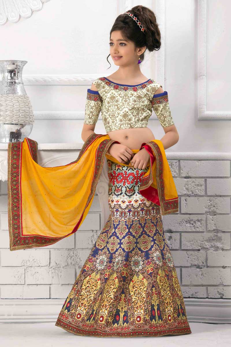 Blue and cream Silk Lehenga with Silk Choli