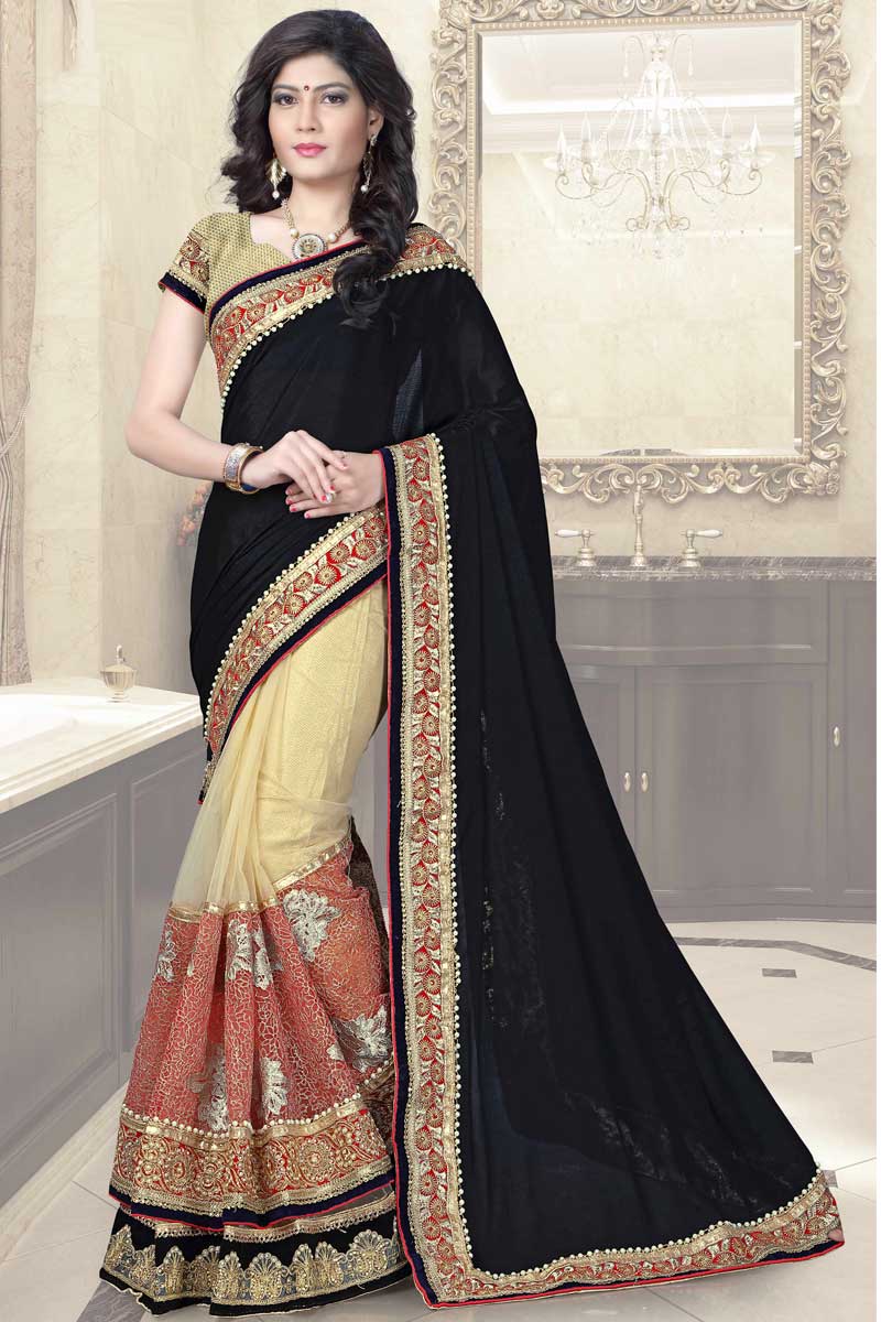 Beige And Black Georgette Saree With Brocade Sweet Heart Neck Blouse ...