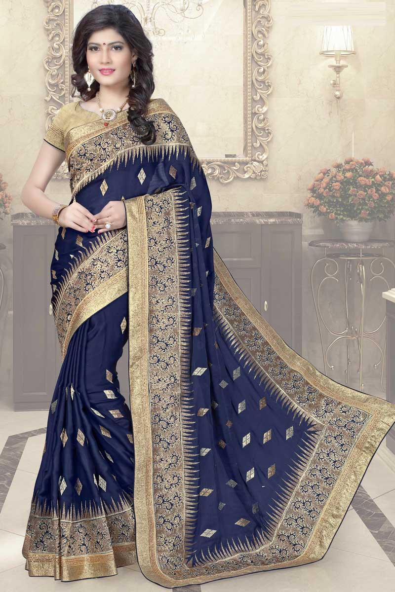 Printed Blue Chiffon And Faux Silk Saree With Bhagalpuri Silk U Neck ...