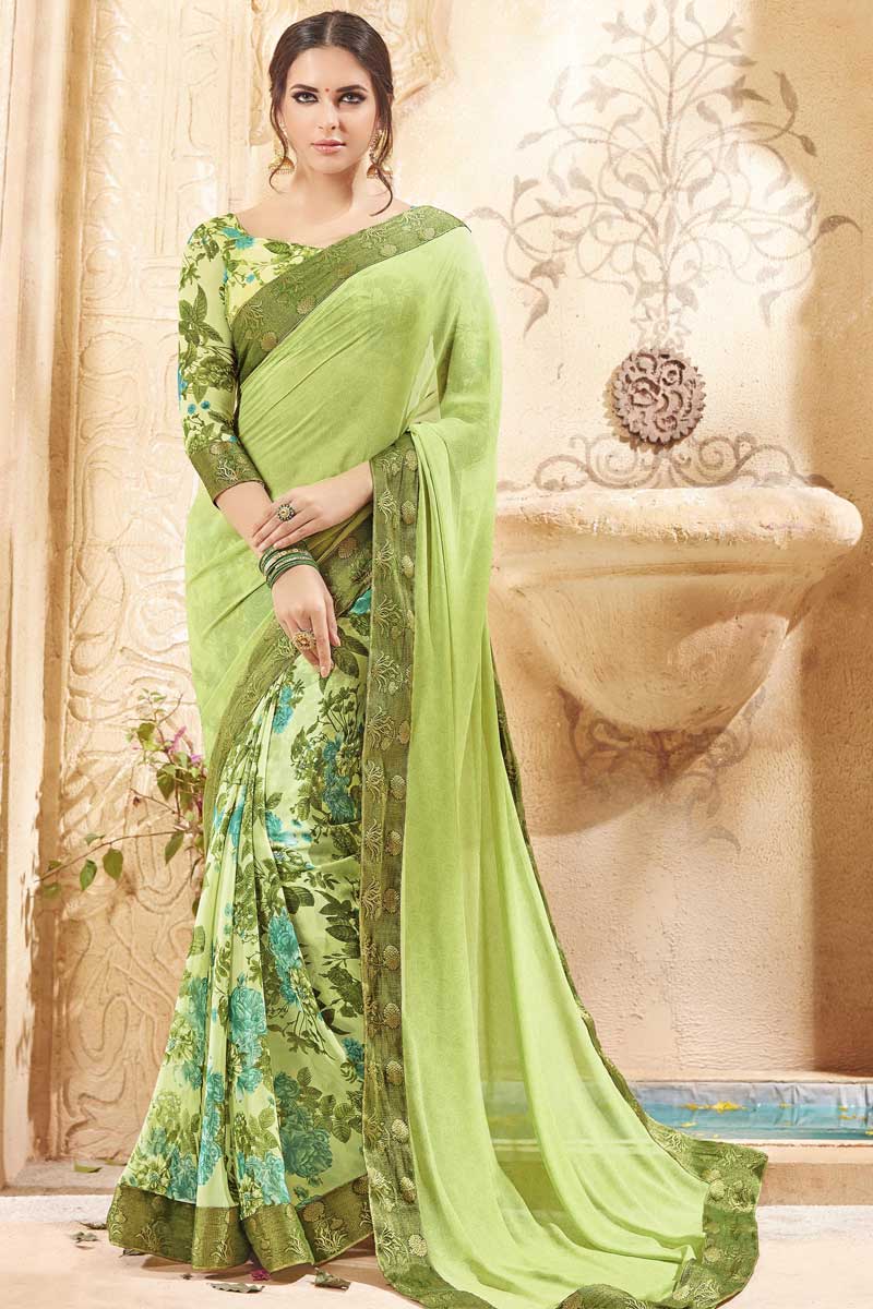 Designer Green Georgette Saree Boat Neck Blouse - Dmv11065, image size:800x1200