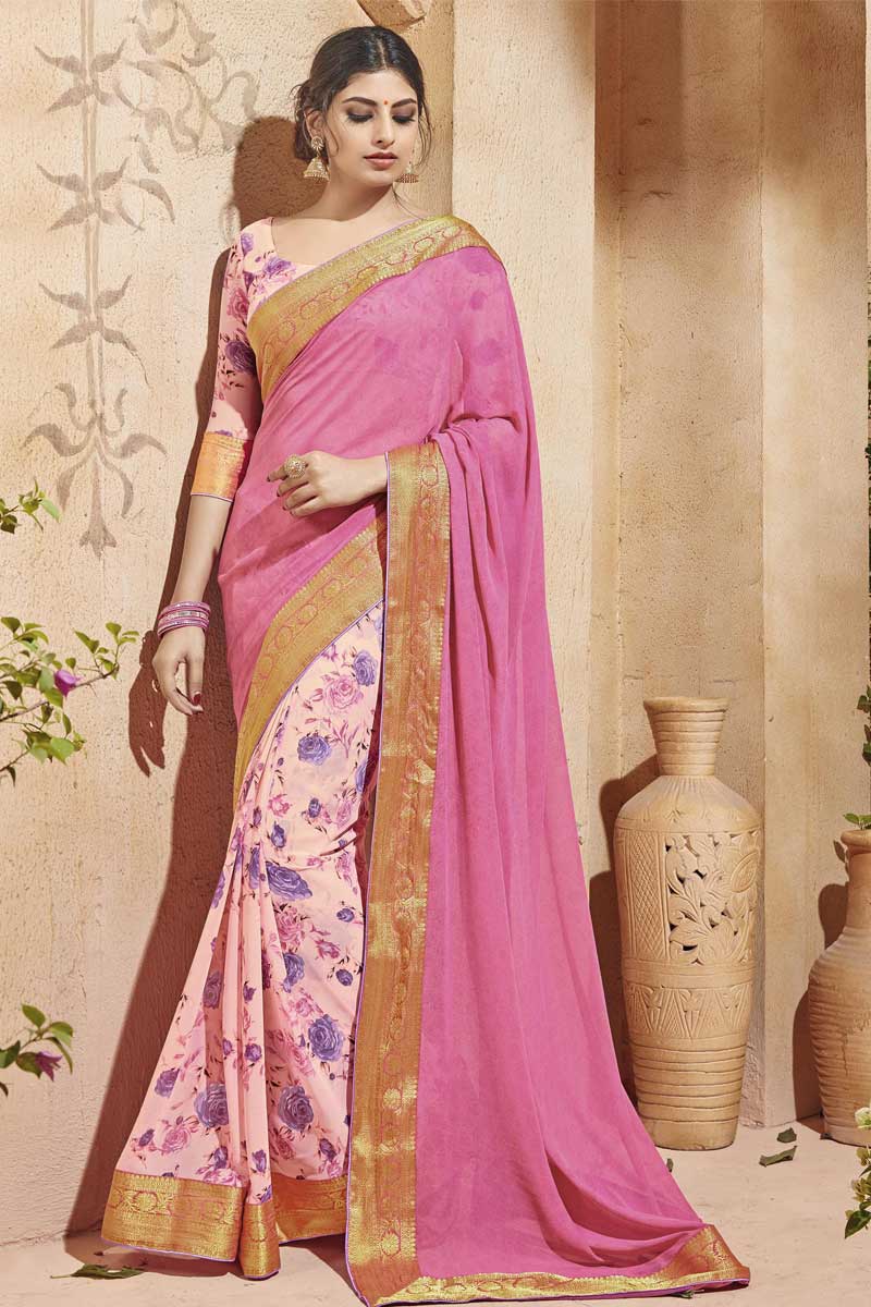 Latest Pink And Peach Georgette Saree With Georgette Blouse - Dmv11068