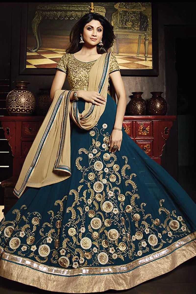 Shilpa Shetty Beige and Teal Floor Length Anarkali Suit