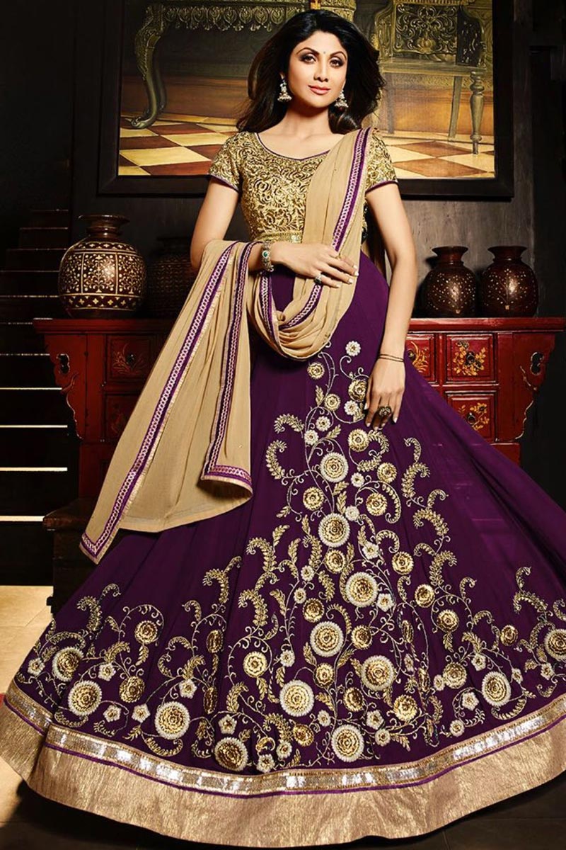 Bollywood Celebrity Shilpa Shetty Purple Georgette Anarkali Suit