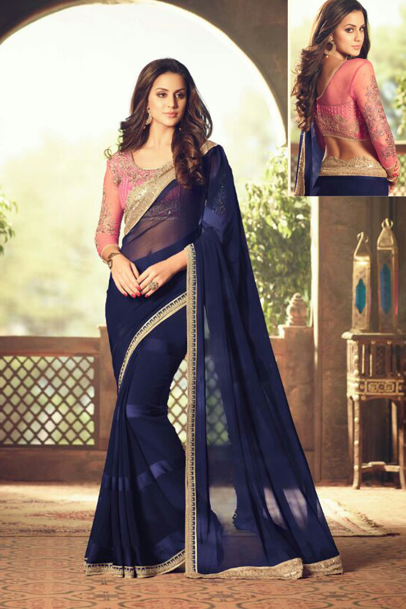 Miss sone Navy Blue Georgette And Satin Saree With U Neck Blouse