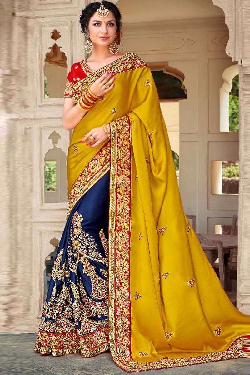 Yellow And Navy Blue Satin Saree With Raw Silk Blouse