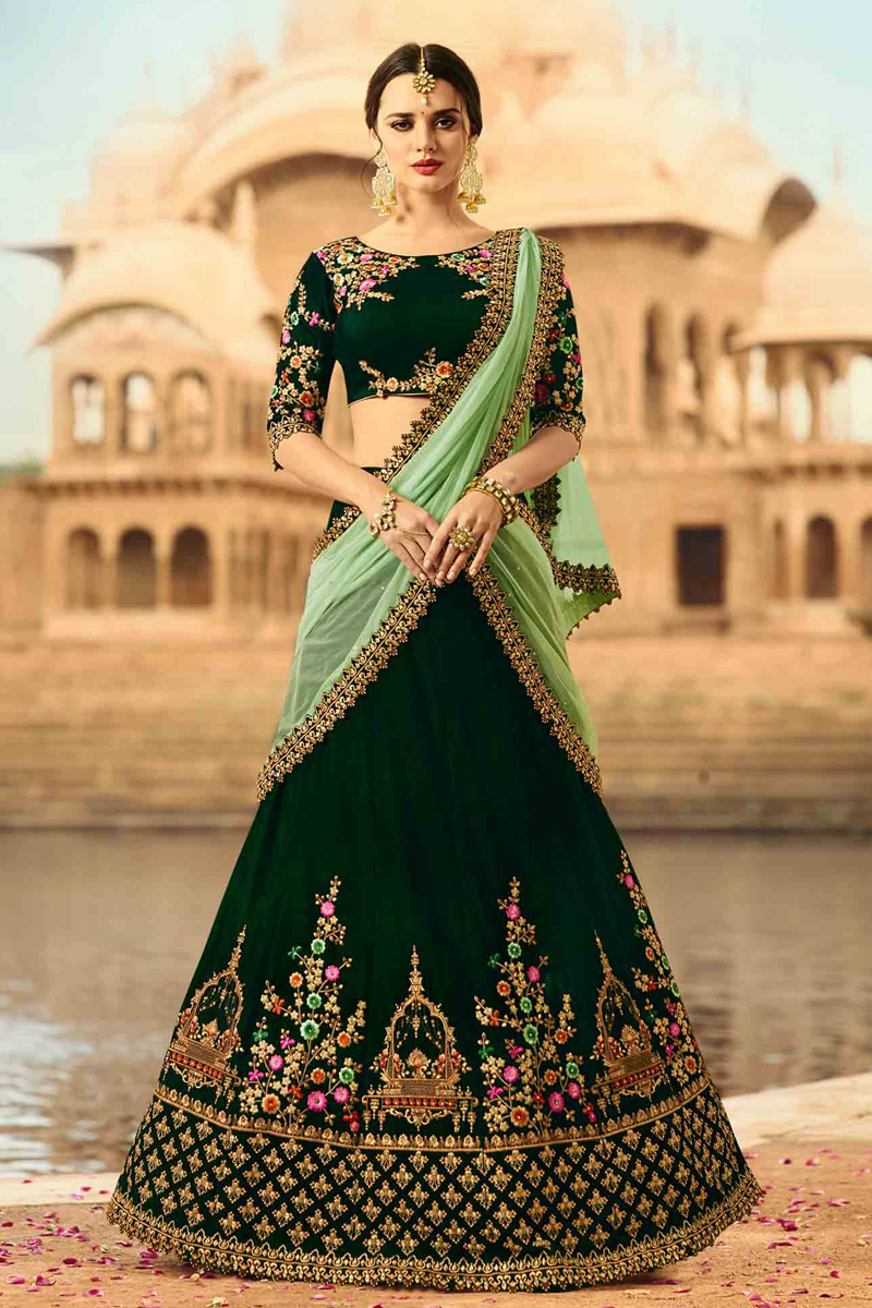 Designer Dark Green Velvet Lehenga With Velvet Choli