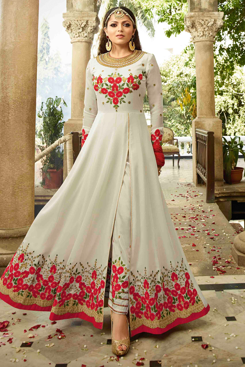 Readymade Collection resham Embroidered White anarkali suit DMV12534