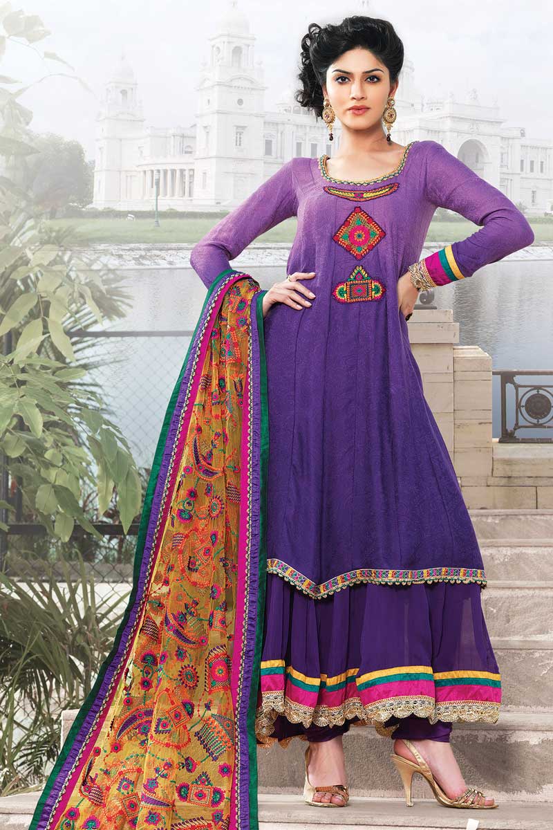 Sale Online Dresses, Churidar georgette suits, Purple embroidered outfit