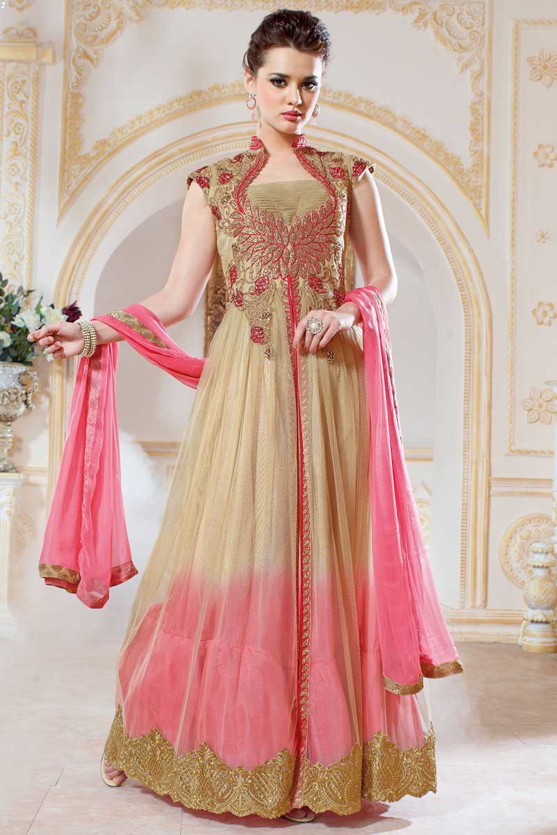 Buy designer Anarkali churidar net suit Peach embroidered embroidered dresses