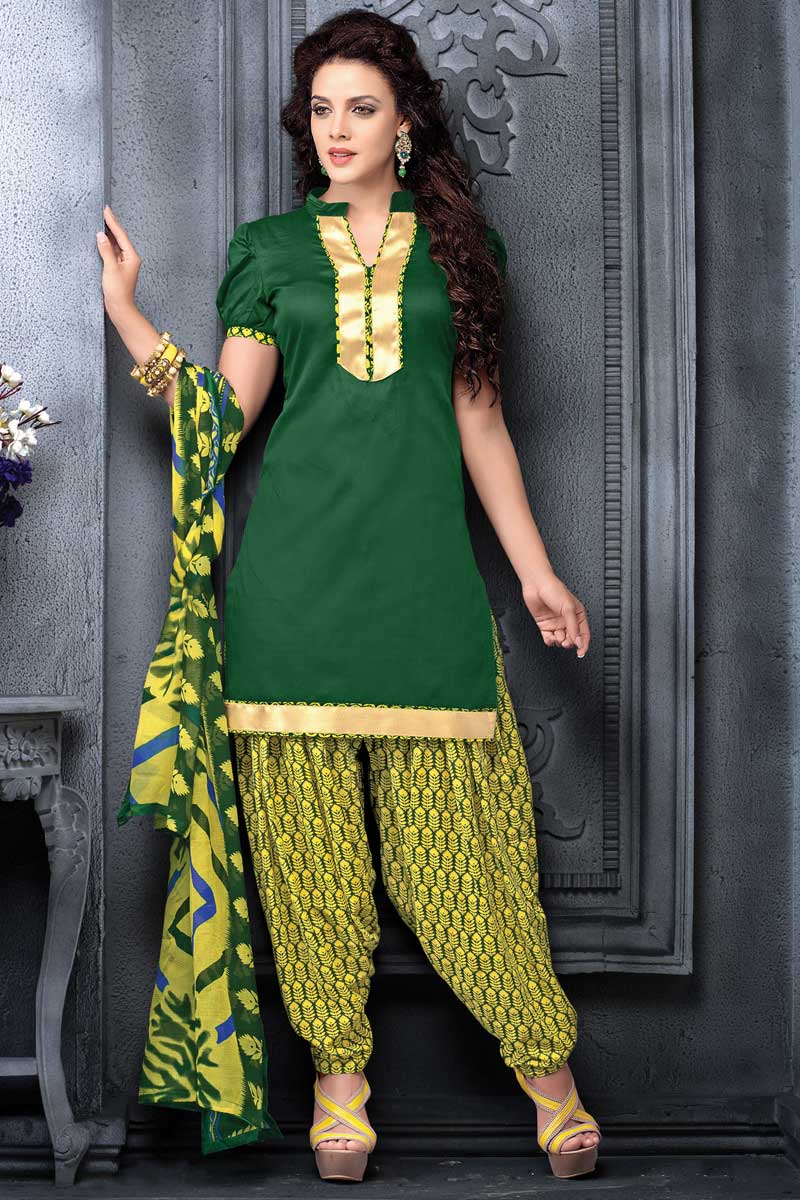 Buy latest, Patiala cotton suit, Green embroidered dresses