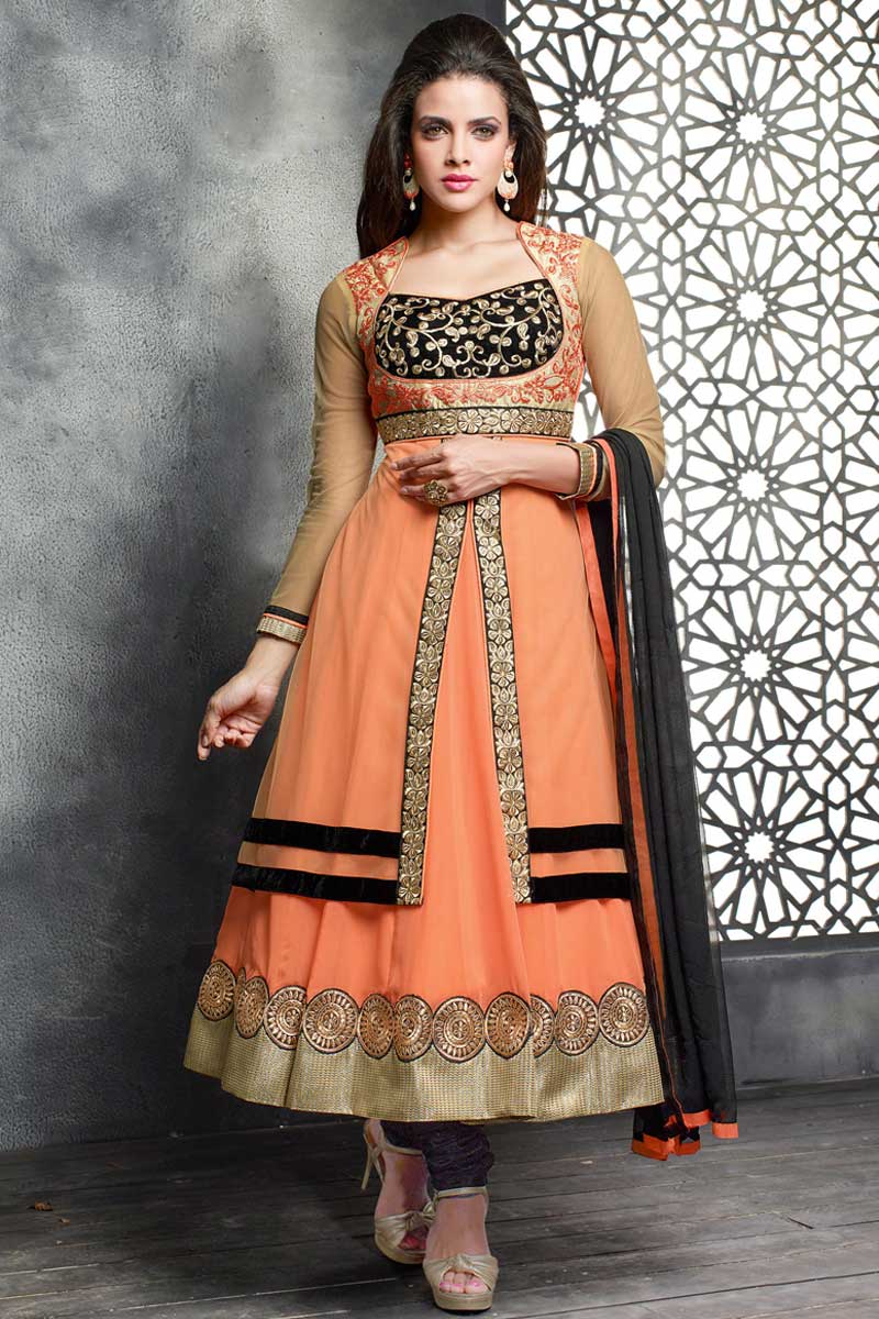 Online, Anarkali churidar georgette suit, Beige embroidered embroidered  apparels