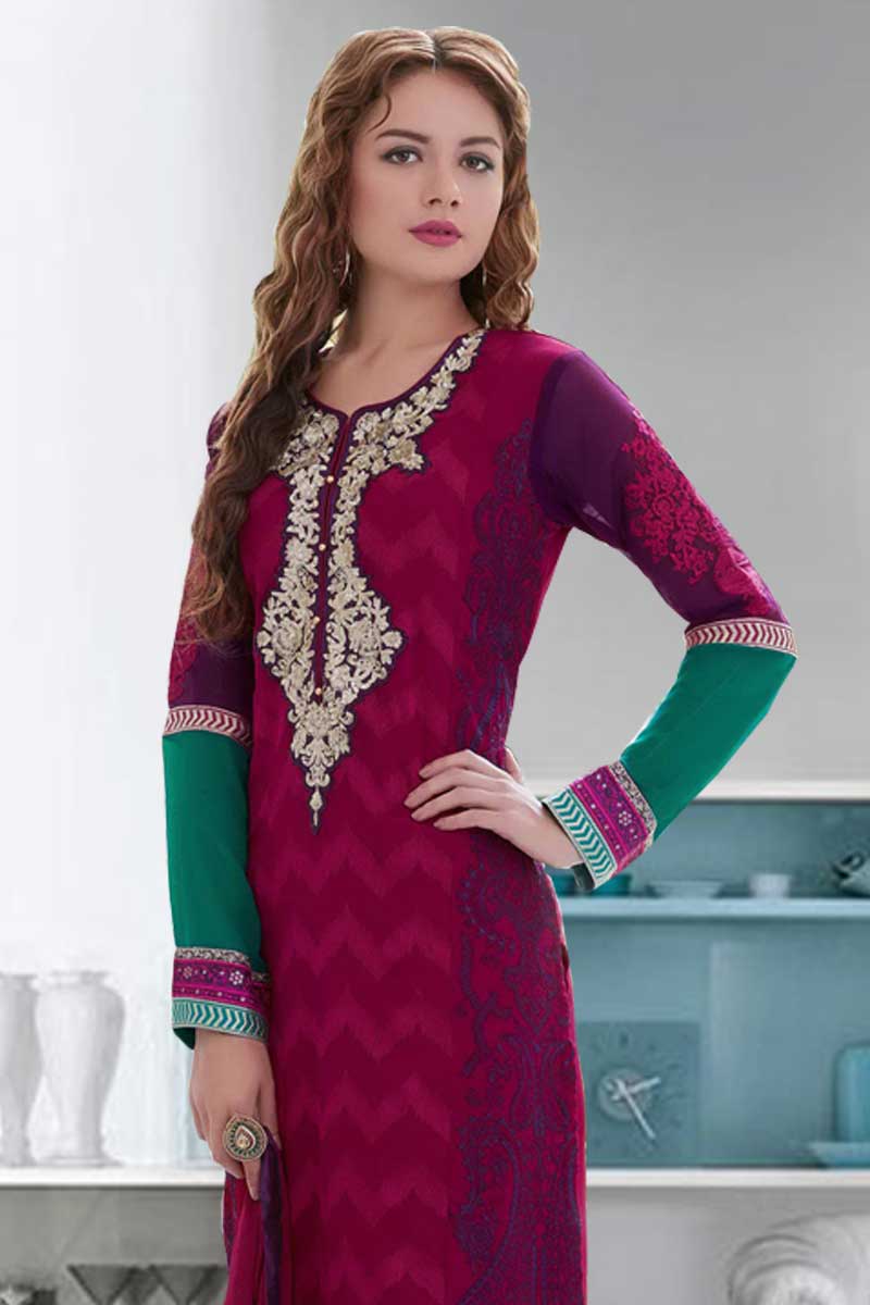 Latest Trouser Georgette Suits, Dark Pink Embroidered Garment in UK