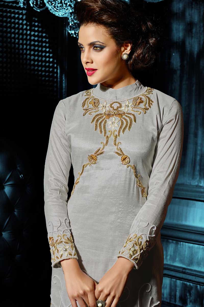 Ethnic wears, Trouser silk suit, Grey embroidered embroidered clothing