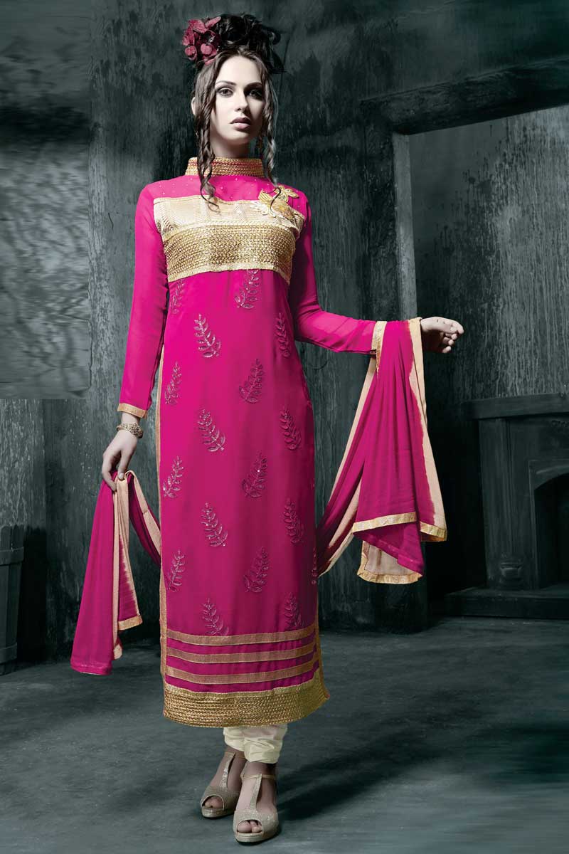 Churidar Georgette Asian Suit Pink Embroidered Attire In Uk