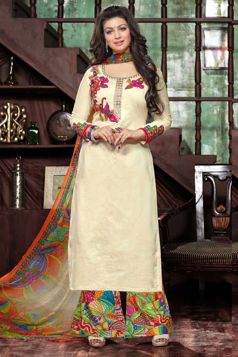 Cream Cotton Trouser Salwar Suit with Chiffon Dupatta