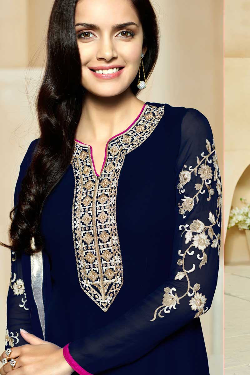 Navy Blue Georgette Churidar Suit with Chiffon Dupatta - DMV13798