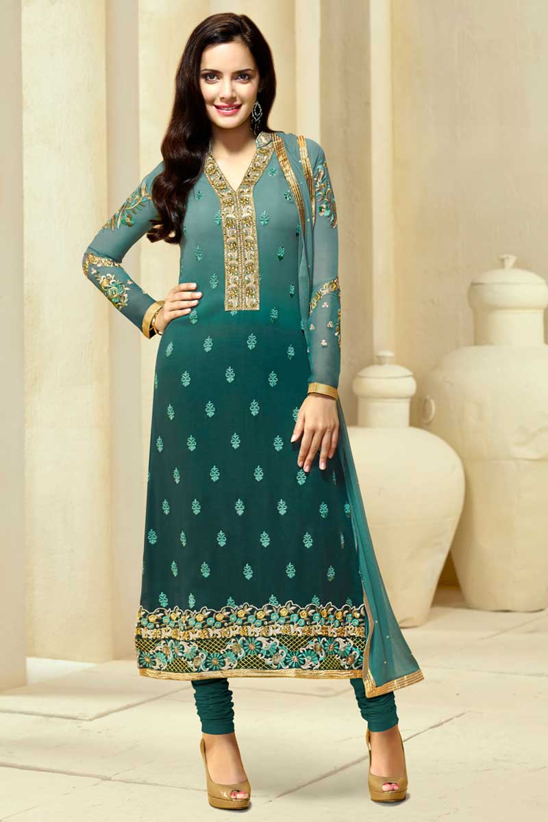 Dark Green Georgette Churidar Suit with Chiffon Dupatta