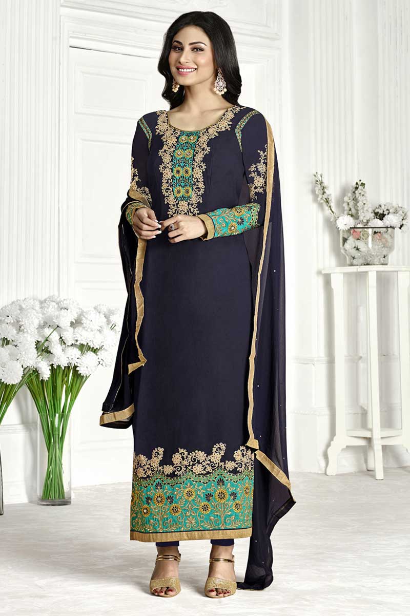 Dress shops online, Churidar georgette suit, Navy Blue resham ...