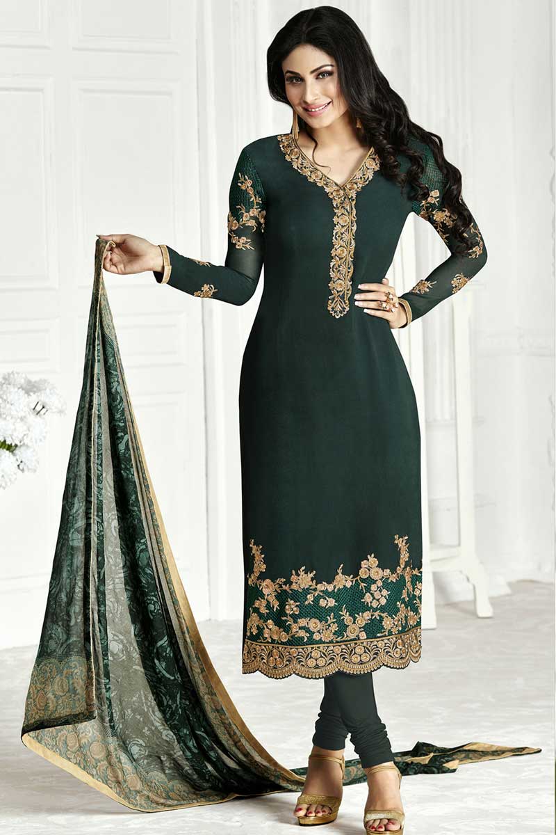 Online Sale Churidar Georgette Suits, Dark Green Resham