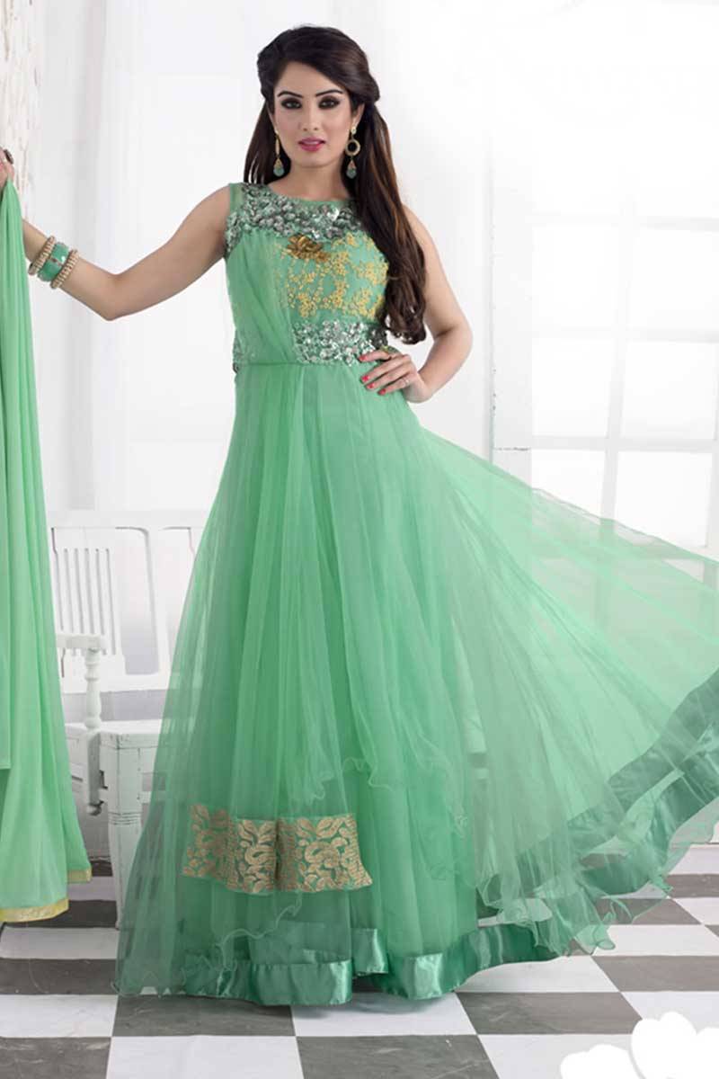 Online sale, Anarkali churidar net asian prom suits, Liril Green embroidered apparel