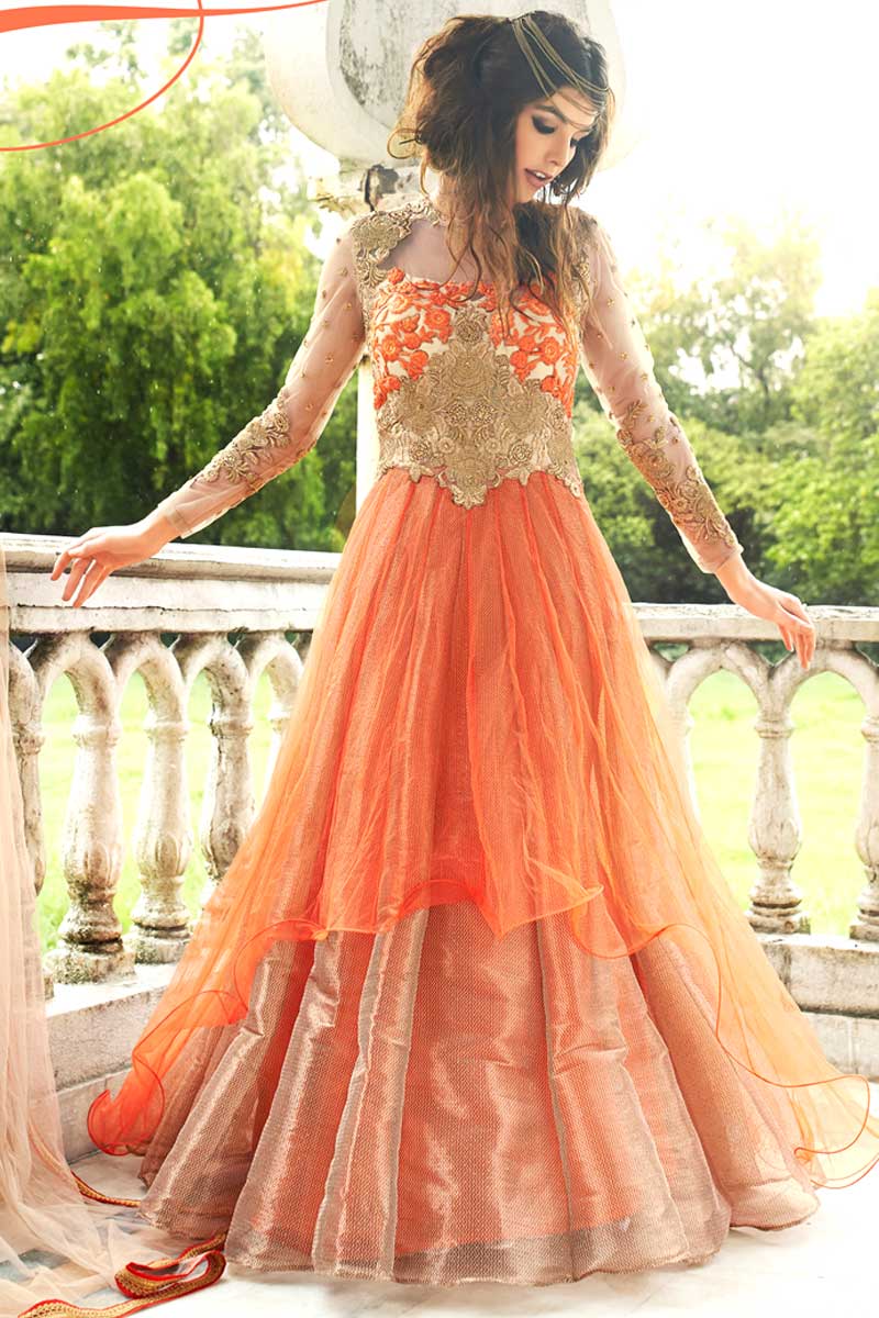 Cream with Orange Net Gown
