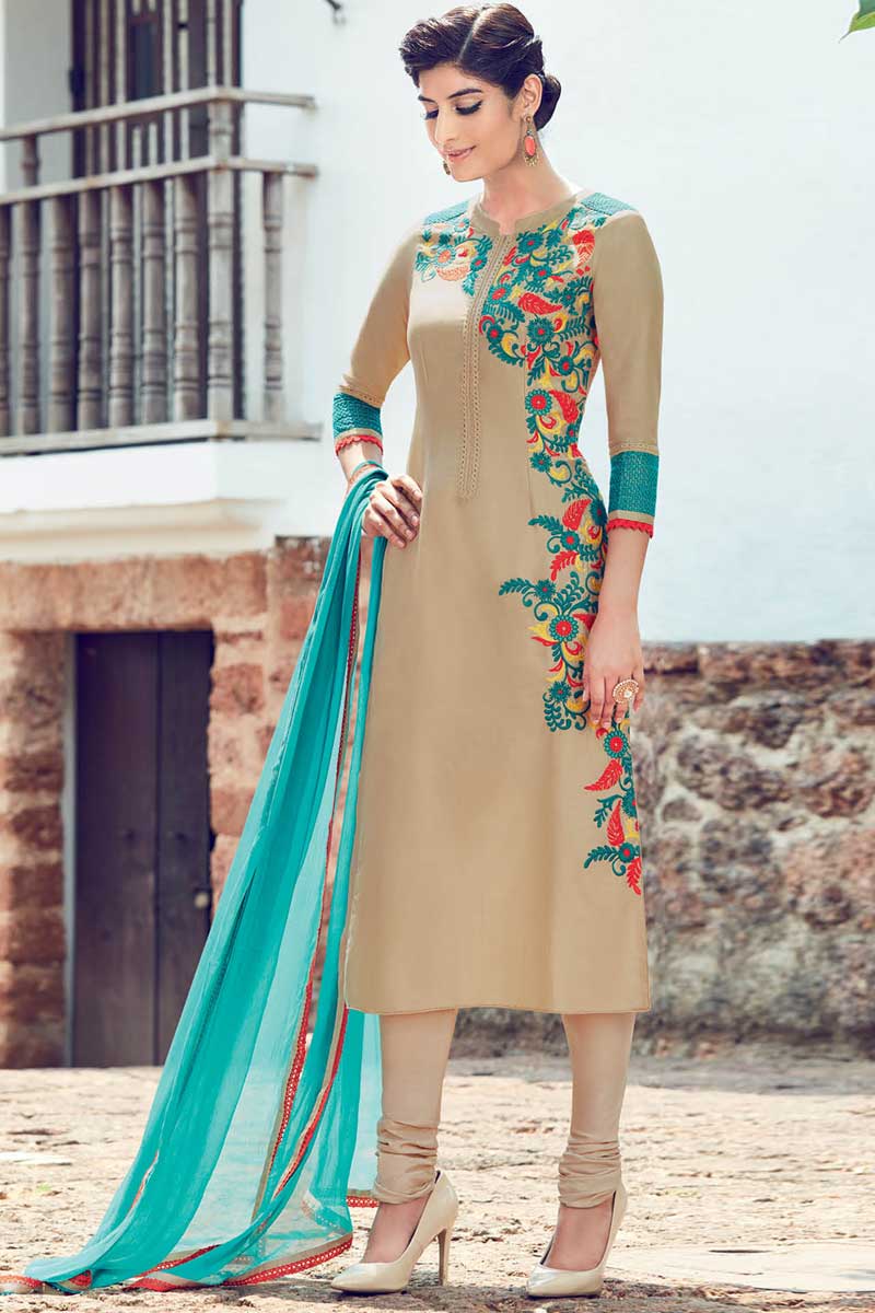 Andaaz Fashion Cotton and Satin Churidar Suit with Dupatta