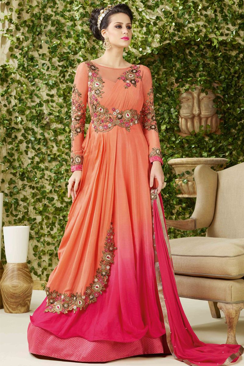Awesome Orange Pink Georgette Gown & Pink Chiffon Dupatta - Andaaz Fashion