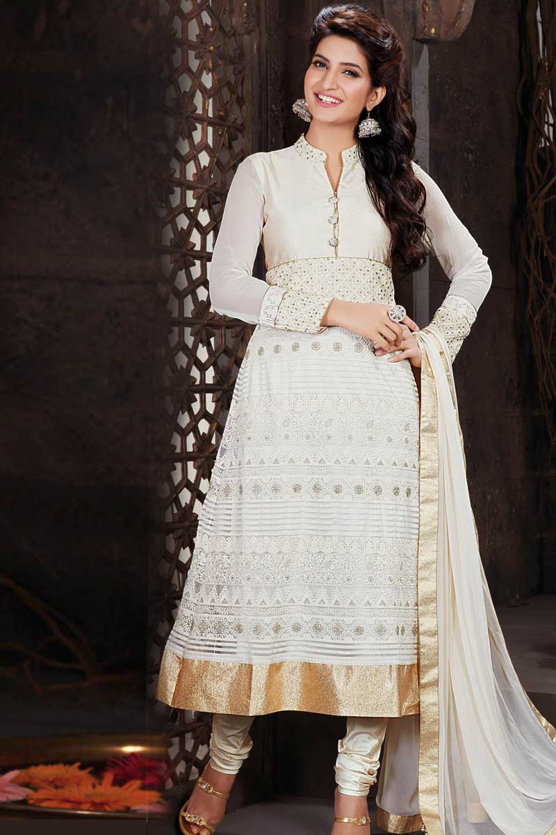 Buy Off White Net Anarkali Churidar Suit With Dupatta Online