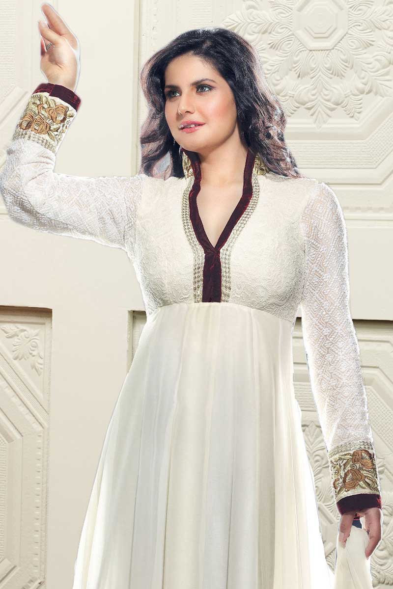 Zarine Khan Bollywood Actress Off White Georgette Churidar Suit