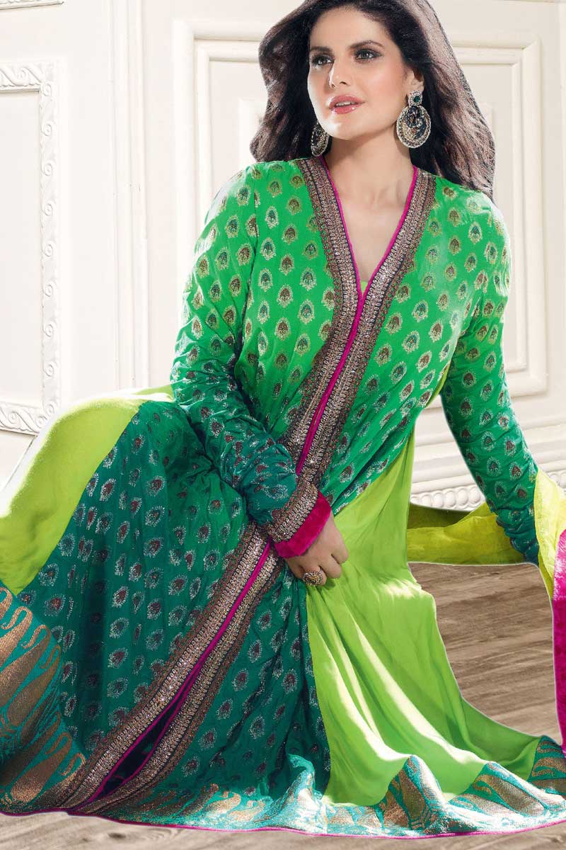 Bollywood Actress Zarine Khaan Green Georgette Anarkali Churidar Suit Dupatta Dmv14428