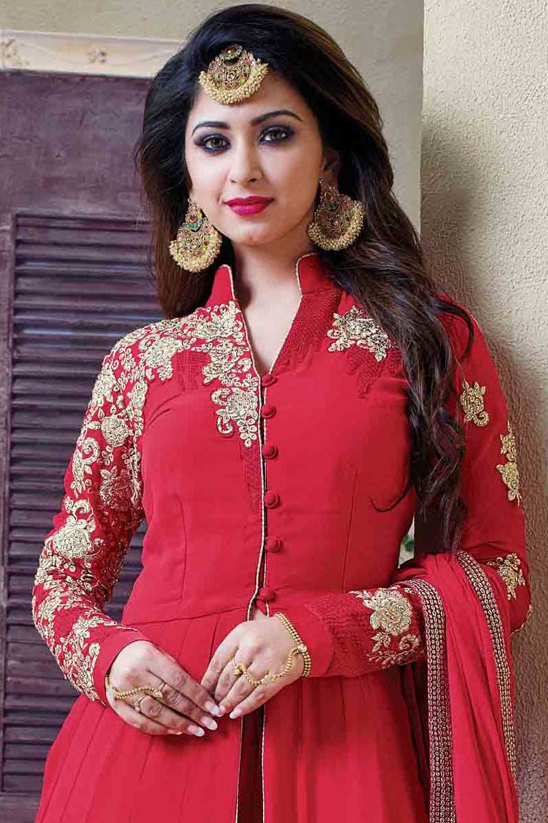 Indian Ethnic Red Georgette Anarkali Churidar Suit With Dupatta - Dmv14574