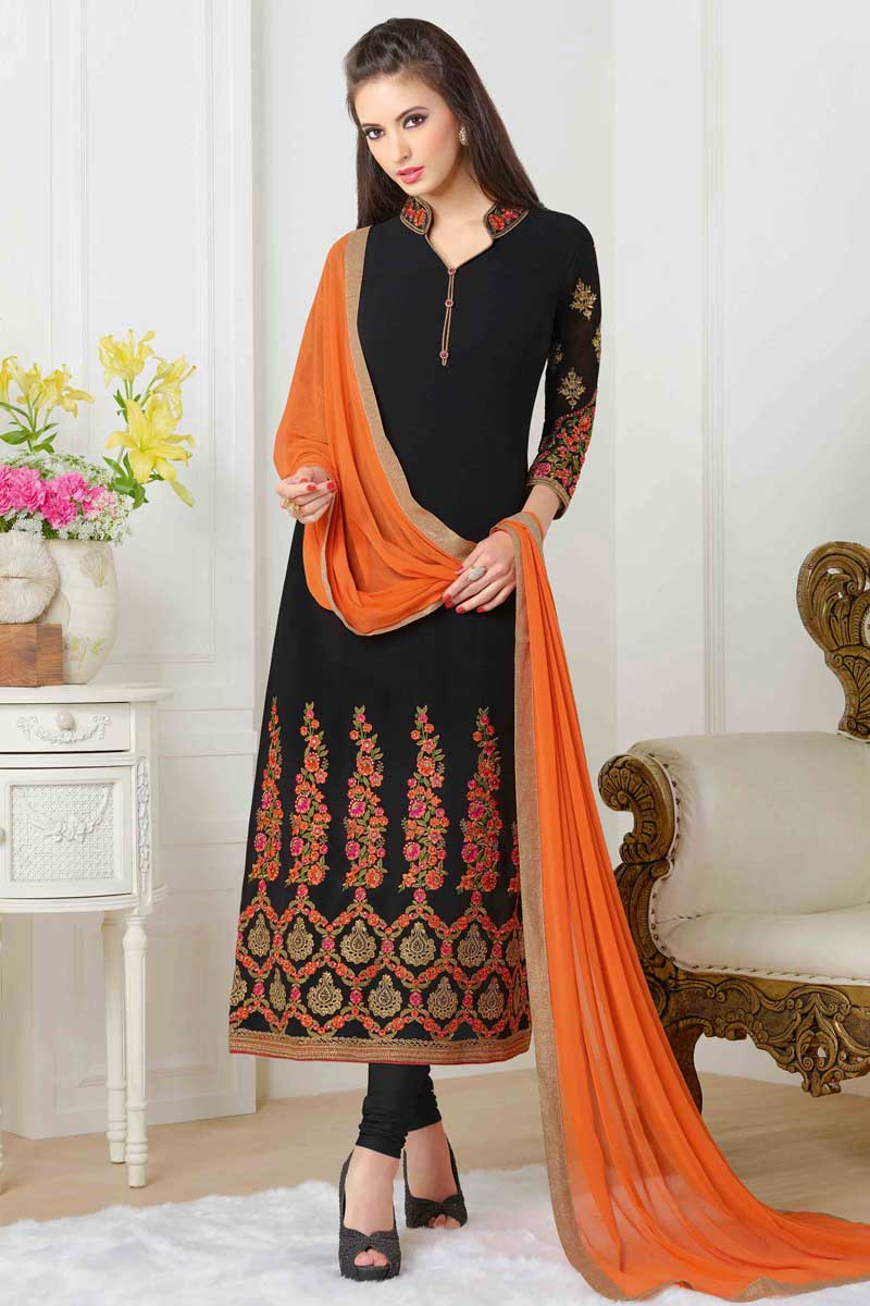 black churidar with red dupatta