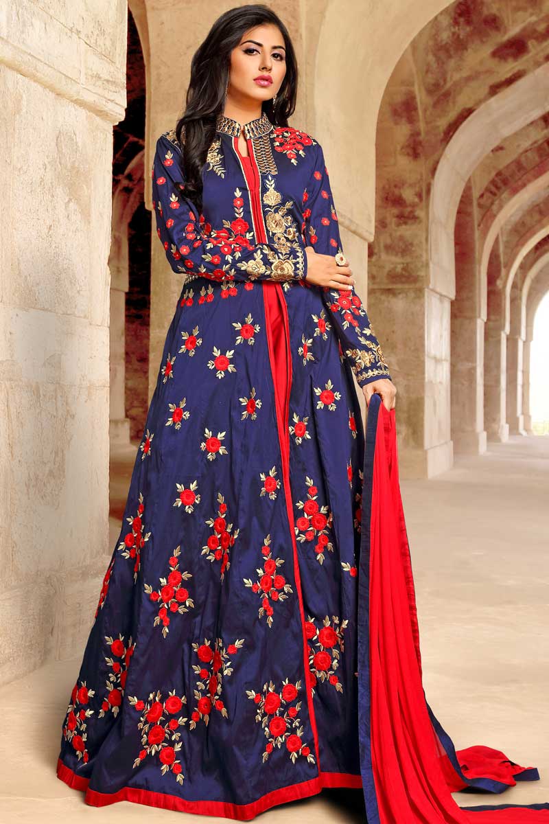 Andaaz Boutique Blue Art Silk Gown Suit With Dupatta Dmv14610