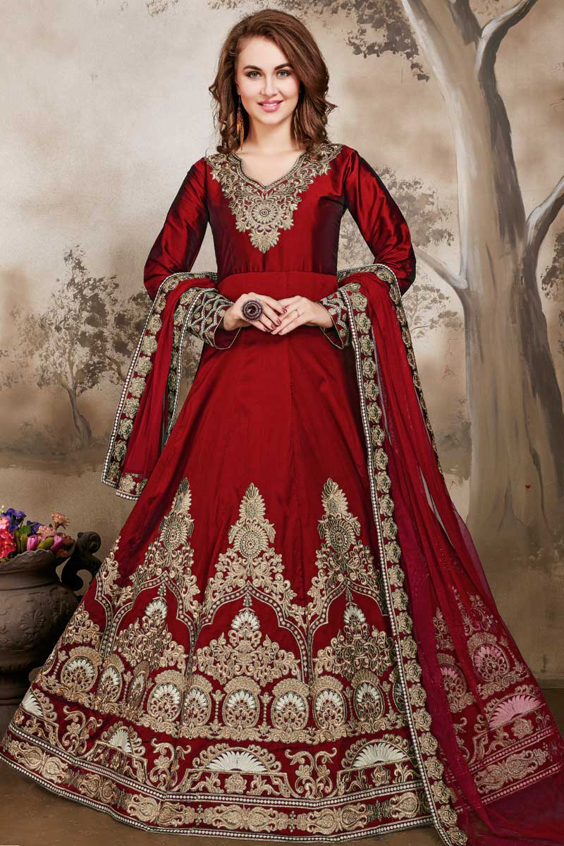 Maroon Taffeta Silk Anarkali churidar Suit With Embroidered Dupatta