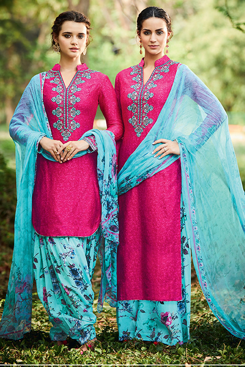 Aqua Blue And Pink Cotton And Satin Patiala Salwar Suit With Printed Dupatta