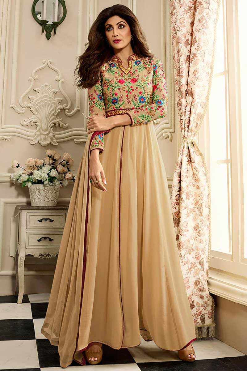 Shilpa Shetty Beige Georgette Anarkali Suit Suit With Dupatta
