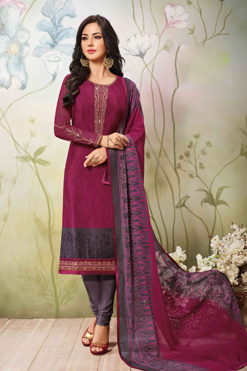 Gorgeous Pink Crepe Churidar Suit With Dupatta