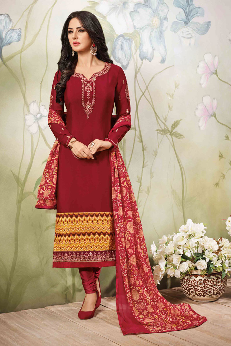 Rupali Gorgeous Maroon Crepe Churidar Suit With Dupatta Dmv15060