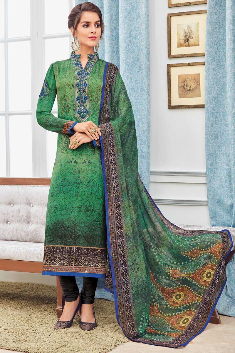 Trendy Crepe And Satin Churidar Suit With Dupatta In Green Color